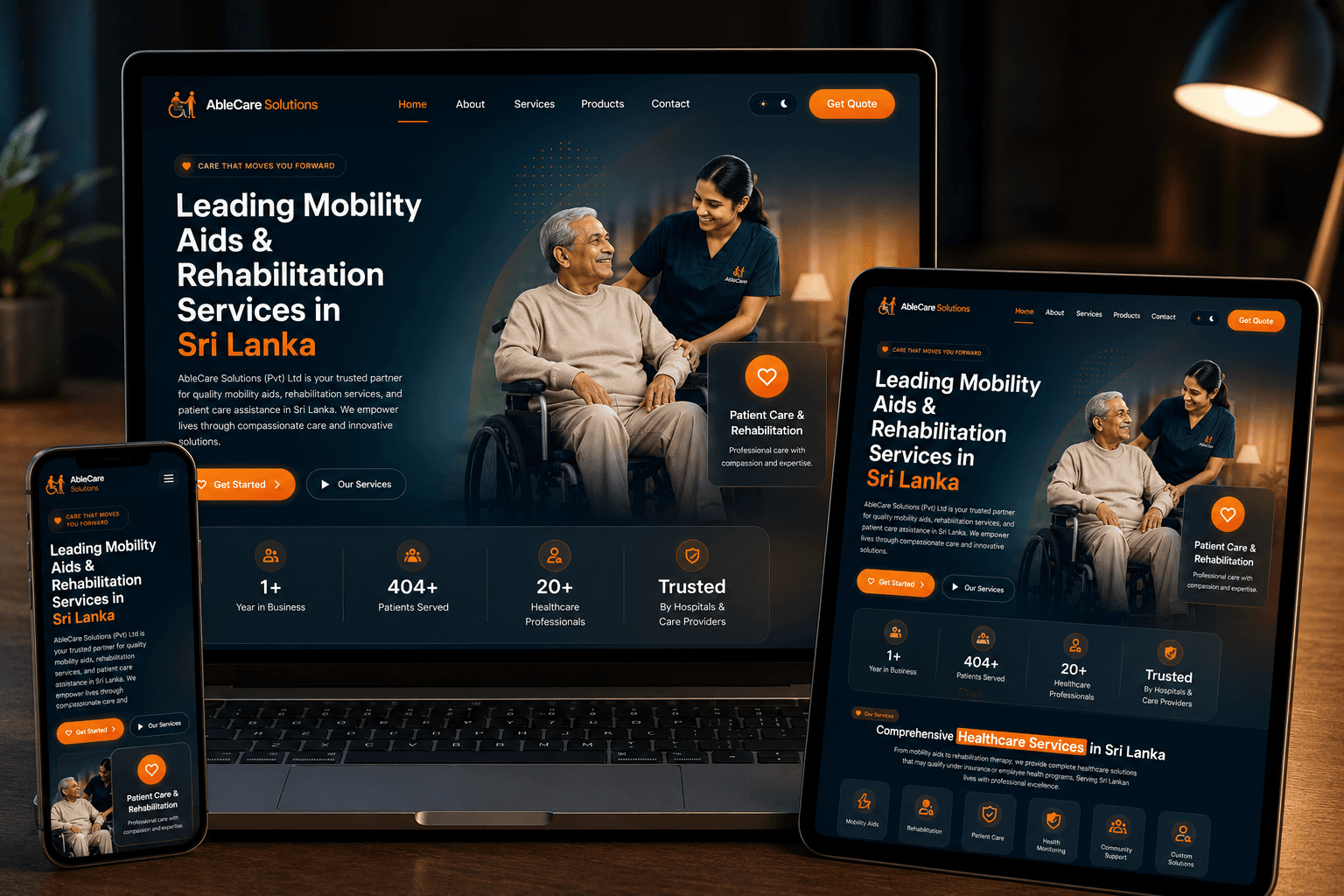 AbleCare mobility and rehabilitation website across three devices