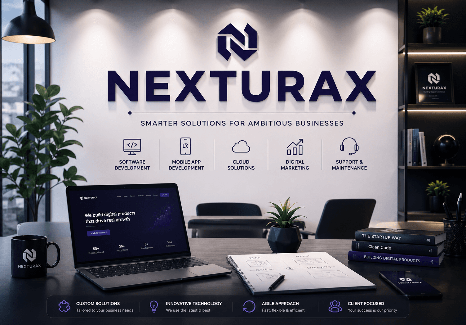 Nexturax workspace displaying its software, mobile, cloud, marketing, and support services
