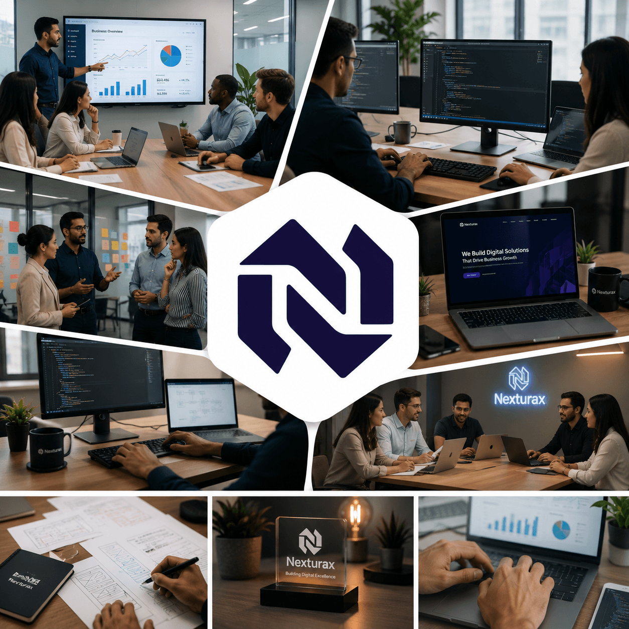 Nexturax teams planning software, writing code, and reviewing business analytics