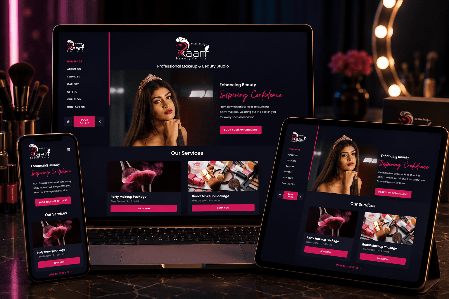 Raam Beauty salon booking website across three devices
